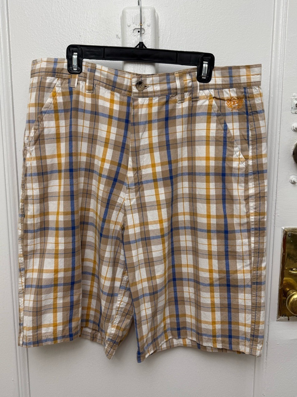 Phat Farm Men's Plaid Shorts 100% Cotton Tan Blue Mustard Size 40